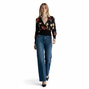 Capri Y2K Style Butterfly Print Blouse Plunging Neck Ribbed Knit Cuffs Top M